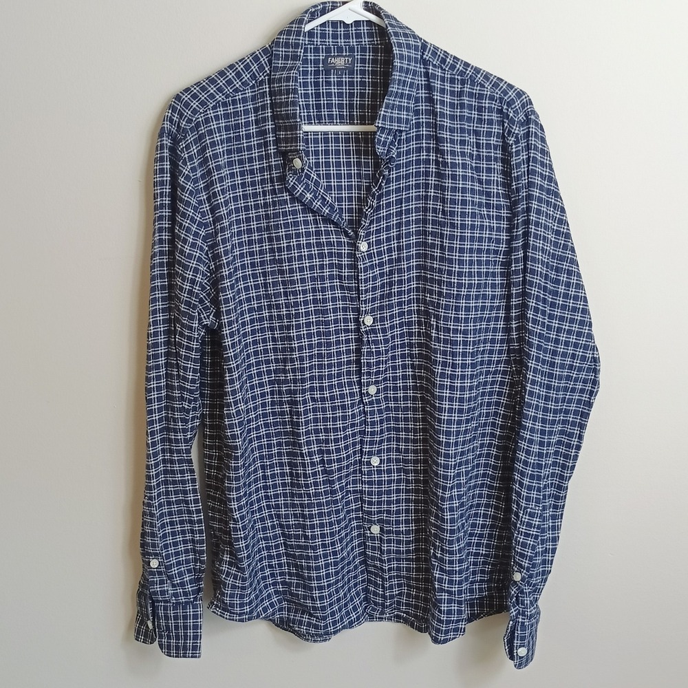 Faherty Reserve Button Down Mens L Navy Blue Excellent Grid Plaid Long Sleeve